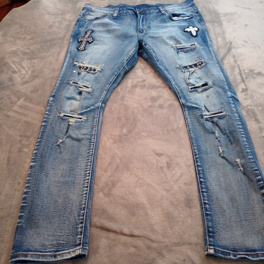 Rue 21 Supreme Flex Skinny Jeans Mens Size 40 x 30 Blue‎ Denim Patch Distressed